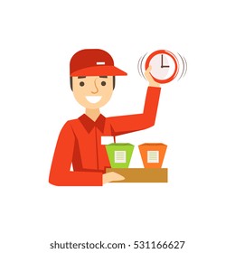 Delivery Service Worker In Red Uniform Holding Packed Wok Noodles And Clock Ready To Ship The Order