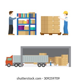 Delivery service worker transport in process icon set flat modern web infographic concept vector. Pallet boxes truck loading process. Creative people.