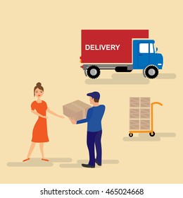 Delivery service worker in uniform delivering parcel to woman. vector illustration
