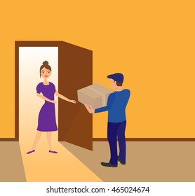 Delivery service worker in uniform delivering parcel to woman. vector illustration