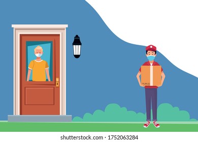 delivery service worker wearing medical mask and box vector illustration design