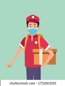 delivery service worker wearing medical mask and box vector illustration design