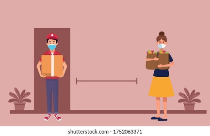 delivery service worker wearing medical mask and box vector illustration design