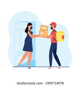 delivery service worker wearing medical mask and customer vector illustration design