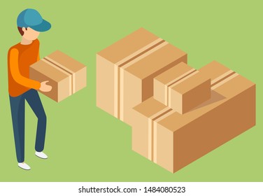 Delivery service worker wearing uniform carrying cardboard box. Isometric carton container, closed parcel, packaging. Transportation and moving. Vector illustration in flat cartoon style