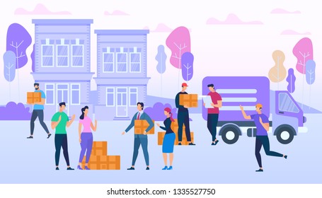 Delivery Service Workers Bring Many Boxes by Van Car. People Characters Move on Street Building Background. Men and Women Replacement, Cargo Shipping, Transportation. Cartoon Flat Vector Illustration