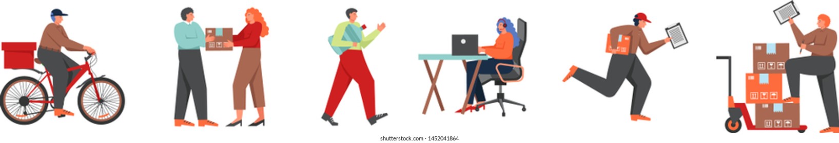Delivery service workers and clients, vector flat style design illustration isolated on white background. Courier delivering water, food, parcel, call center operator, warehouse worker.