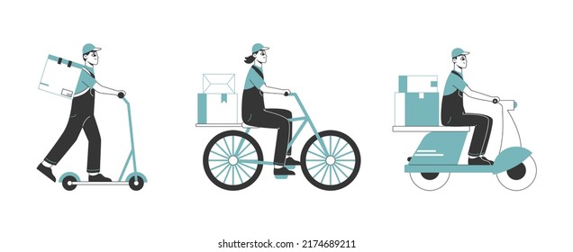 Delivery service workers, courier driving bike and scooter. Courier characters carrying parcels boxes flat vector background illustration. Delivery concept