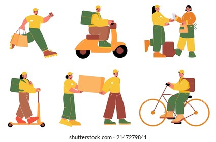 Delivery service workers, couriers with backpack on bike, scooter isolated on white background. Vector flat illustration of people carry parcel, take order from restaurant, run with bags