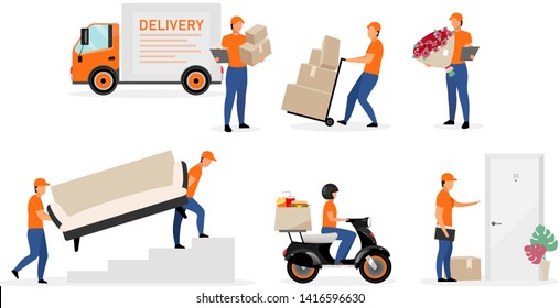 Delivery service workers flat vector illustrations set. Couriers, postman, deliveryman with order, parcel cartoon characters isolated on white background. Scooter, home delivery concept