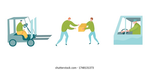 Delivery service workers. Forklift, messengers, driver. Vector illustration for delivery company website or advertisement.