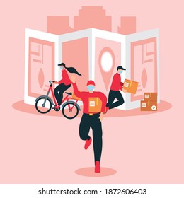 delivery service, workers with mask and order tracking map vector illustration