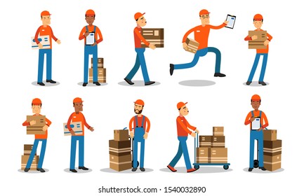 Delivery Service Workers Pick Up Orders From The Warehouse And Bring It To Customers Vector Illustration Set Isolated On White Background