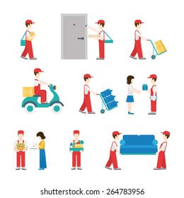 Delivery service workers in process with clients icon set flat modern web isometric infographic concept vector. Deliveryman with box pizza water scooter flower furniture gift customer. Creative people 