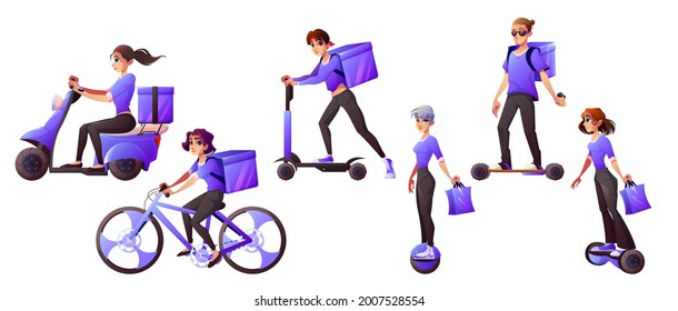 Delivery service workers riding electric transport bicycle, scooter, hoverboard and monowheel. Men and women couriers in uniform shipping food, goods and parcels, Cartoon vector illustration, set