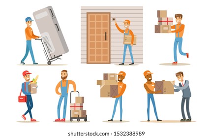 Delivery Service Workers Set, Couriers Characters Delivering Packages, Household Appliances and Groceries to Clients Vector Illustration