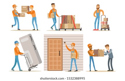 Delivery Service Workers Set, Couriers Characters Delivering Packages, Household Appliances to Clients Vector Illustration