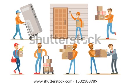 Delivery Service Workers Set, Couriers Characters Delivering Packages, Household Appliances and Groceries to Clients Vector Illustration