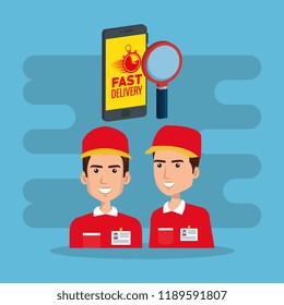delivery service workers with smartphone