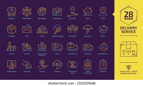 Delivery service yellow editable stroke outline icon set on a dark violet background with fast express package shipping, cargo truck and van speed transport, parcel warehouse line sign.