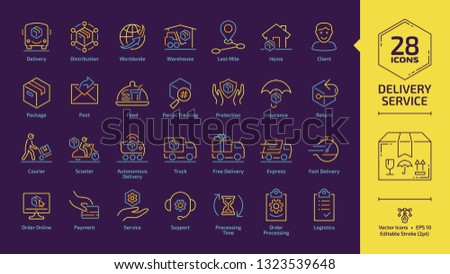 Delivery service yellow editable stroke outline icon set on a dark violet background with fast express package shipping, cargo truck and van speed transport, parcel warehouse line sign.