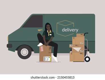 Delivery service, A young courier sitting on a cardboard parcel with stickers in front of the truck