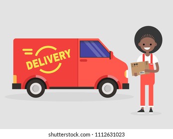 Delivery service. Young smiling black female courier holding a parcel. Transportation. Flat vector illustration, clip art