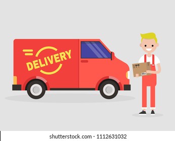 Delivery service. Young smiling courier holding a parcel. Transportation. Flat vector illustration, clip art