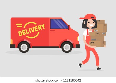 Delivery service. Young smiling courier holding a pile of parcels. Transportation. Flat vector illustration, clip art