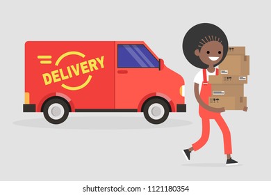 Delivery service. Young smiling courier holding a pile of parcels. Transportation. Flat vector illustration, clip art