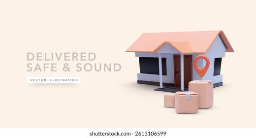 Delivery Service To Your Door With Location Tracking And Safe Package Drop-Off. Modern Logistics Concept With 3D House And Parcels. Clean Minimal Style. Vector Illustration.