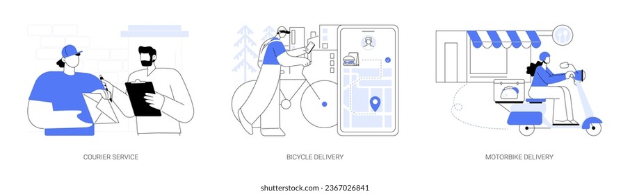 Delivery services abstract concept vector illustration set. Courier service, bicycle and motorbike restaurant food delivery, postman in uniform brings a letter, city transportation abstract metaphor.