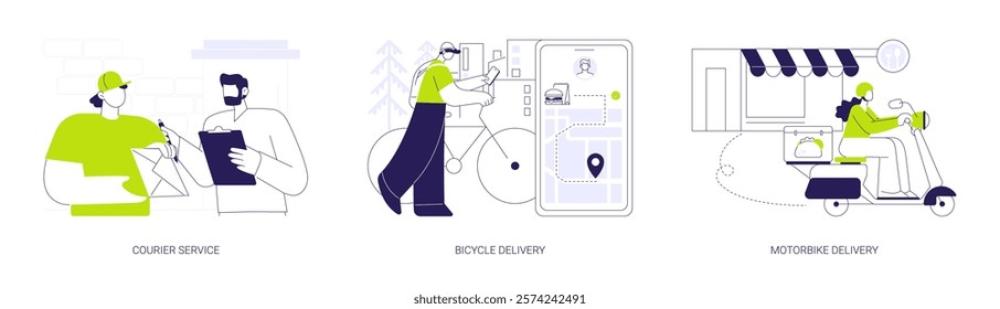 Delivery services abstract concept vector illustration set. Courier service, bicycle and motorbike restaurant food delivery, postman in uniform brings a letter, city transportation abstract metaphor.