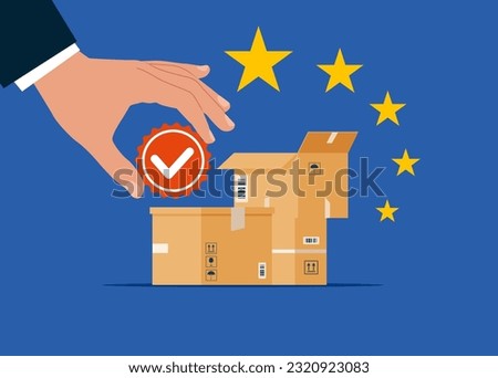 Delivery services. Businessman hand with Quality Control to check quality and giving certified. Flat vector illustration