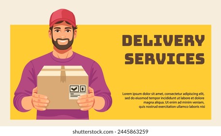 Delivery services card banner for print branding, merchandise or website, app. Vector illustration.