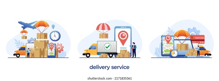 delivery services concept, online delivery application, worldwide express deliver, shopping package flat illustration vector