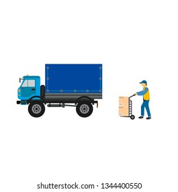Delivery services concept. Delivery truck. Vector illustration. Forklift.  Сourier loads the boxes in the truck. Car for parcel delivery.