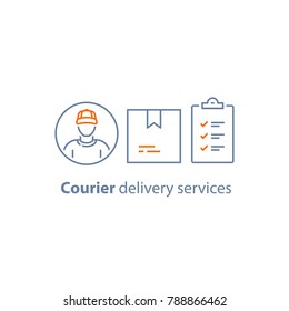 Delivery Services, Courier Person, Checklist And Clipboard, Parcel Box, Receive Order Concept, Messenger Man, Vector Line Icon, Thin Stroke Illustration