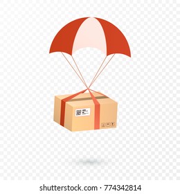 Delivery Services and E-Commerce. Package is flying on parachute. Flat vector illustration elements isolated on transparent background 