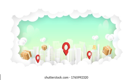 Delivery services and e-commerce packages balloons flying above the city on sky background