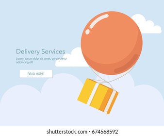 Delivery Services and E-Commerce. Packages flies in a air balloon.Flat elements isolated vector illustration