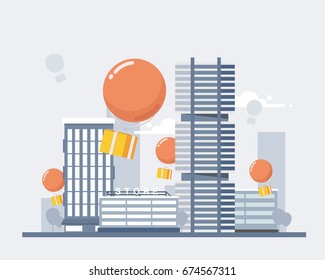 Delivery Services and E-Commerce. Packages fly on balloons, descend on the city. Flat elements isolated vector illustration