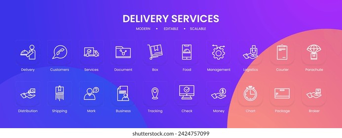 Delivery services icon collection with black outline style. delivery, service, business, shipping, cargo, package, fast. Vector illustration