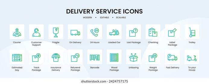 Colección de iconos de servicios de entrega con estilo de contorno de degradado azul y verde. Entrega, servicio, conjunto, negocio, envío, carga, paquete. Ilustración vectorial