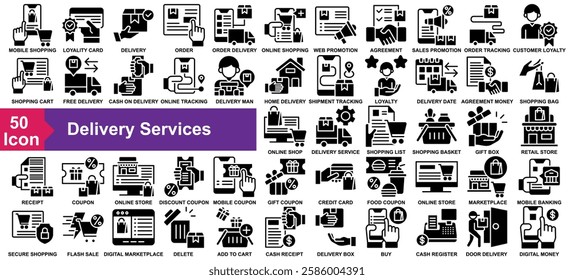 "Delivery Services" icon collection set. Mobile shopping,Loyality Card,Delivery,Order,Order Delivery  icon. Simple Glyph vector.