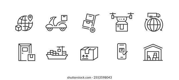 Delivery Services icons. Set of 10 Delivery trendy minimal icons featuring concepts such as worldwide shipping, package tracking, express mail, and secure transportation. Vector illustration 