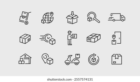 Delivery Services icons. Set of 15 Delivery trendy minimal icons featuring concepts such as worldwide shipping, package tracking, express mail, and secure transportation. Vector illustration 