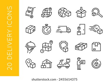 Delivery Services icons. Set of 20 Delivery trendy minimal icons featuring concepts such as worldwide shipping, package tracking, express mail, and secure transportation. Vector illustration 