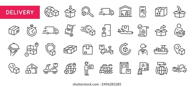 Delivery Services icons. Set of 20 Delivery trendy minimal icons featuring concepts such as worldwide shipping, package tracking, express mail, and secure transportation. Vector illustration 