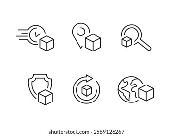 Delivery Services icons. Set of 6 Delivery trendy minimal icons featuring concepts such as worldwide shipping, package tracking, express mail, and secure transportation. Vector illustration 